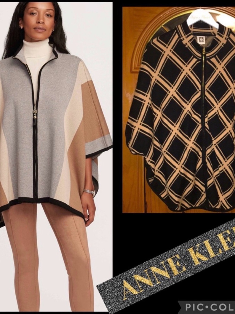 RARE Anne Klein Black Camel Lattice Plaid Zip-Front Mock Neck Poncho Sweater S - Picture 2 of 7